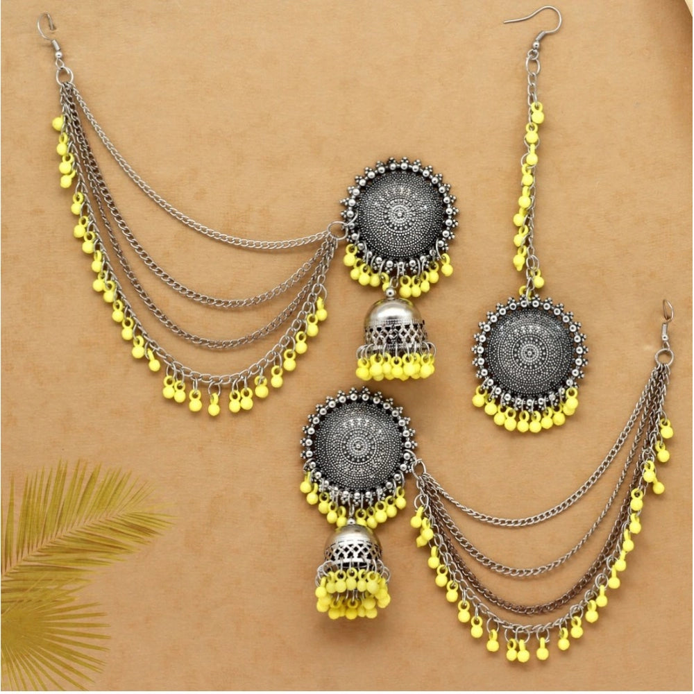 Generic Women's Yellow Color Oxidised Earrings Tikka Set