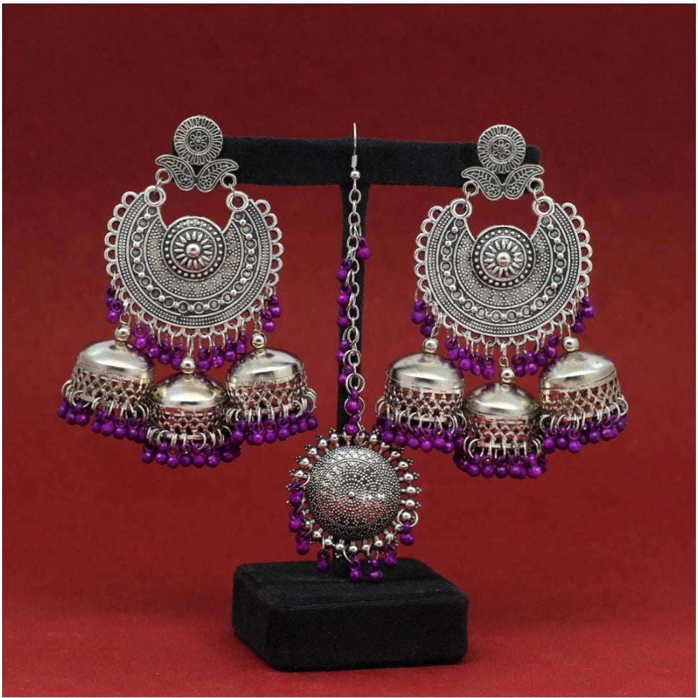 Generic Women's Purple Color Oxidised Earrings Tikka Set