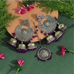 Generic Women's Purple Color Oxidised Earrings Tikka Set