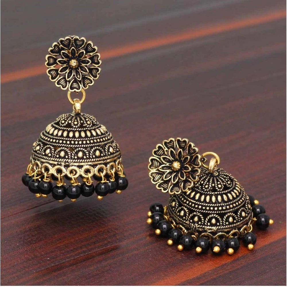 Generische Damen Rajasthani traditionelle Hochzeitskollektion Blumendesign Gold oxidierte schwarze Jhumki-Ohrringe