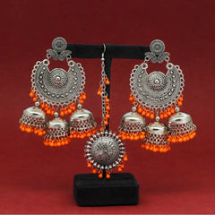 Generic Women's Orange Color Oxidised Earrings Tikka Set