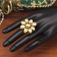 Generic Women's White Color Kundan Meenakari Finger Ring For Women Adjustable Ring