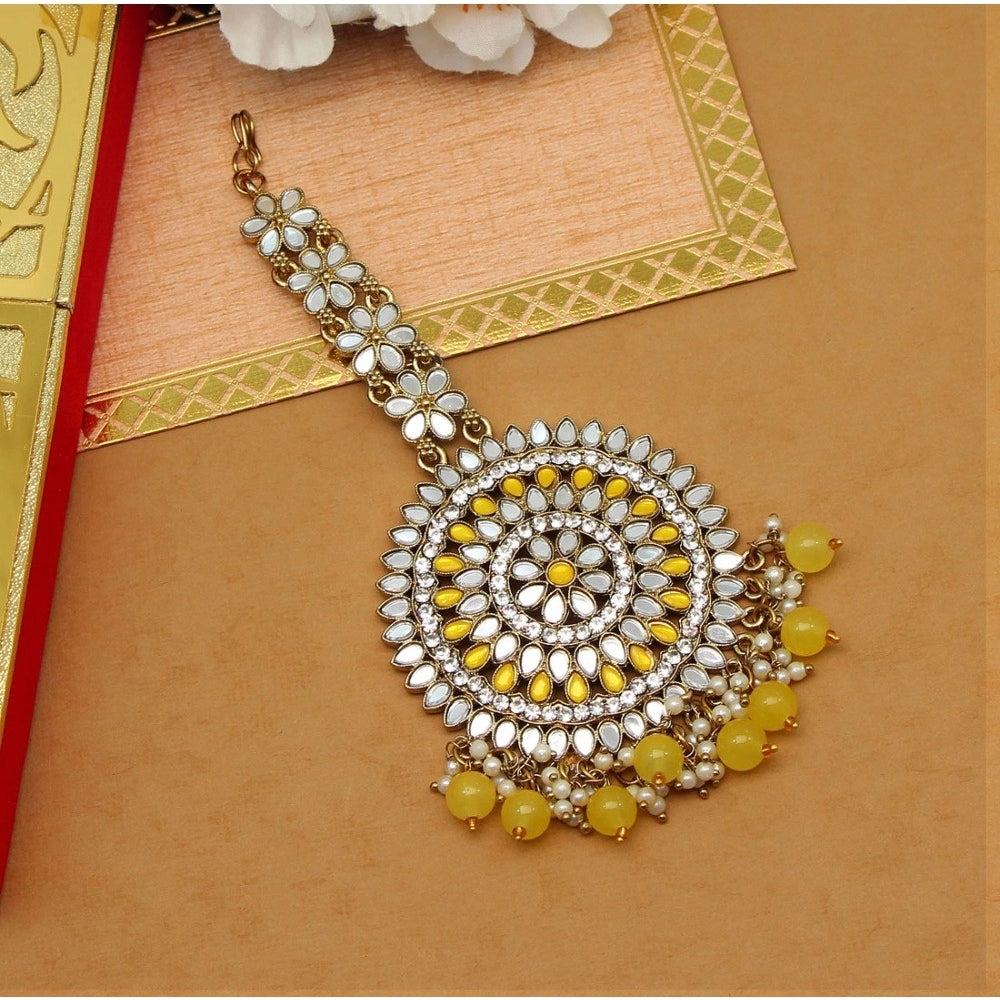 Generic Women's Yellow Color Mirror Work Maang Tikka