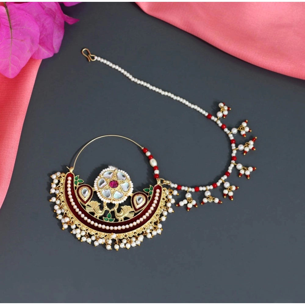 Generic Women's Maroon Color Kundan &amp; Beads Nose Nath