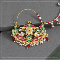 Generic Women's Maroon &amp; Green Color Kundan &amp; Beads Nose Nath