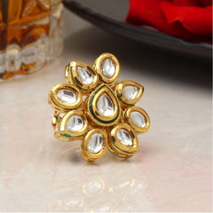 Generic Women's White Color Kundan Meenakari Finger Ring For Women Adjustable Ring