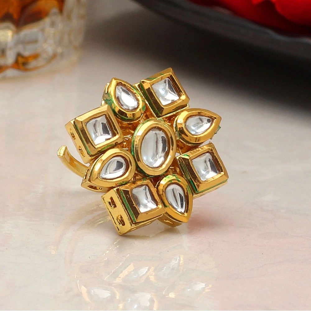 Generic Women's White Color Kundan Meenakari Finger Ring For Women Adjustable Ring