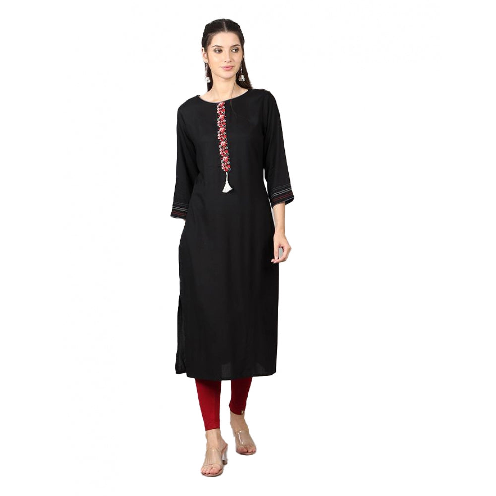 Generic Women's Casual 3/4 Sleeve Viscose Rayon Printed Kurti (Black)