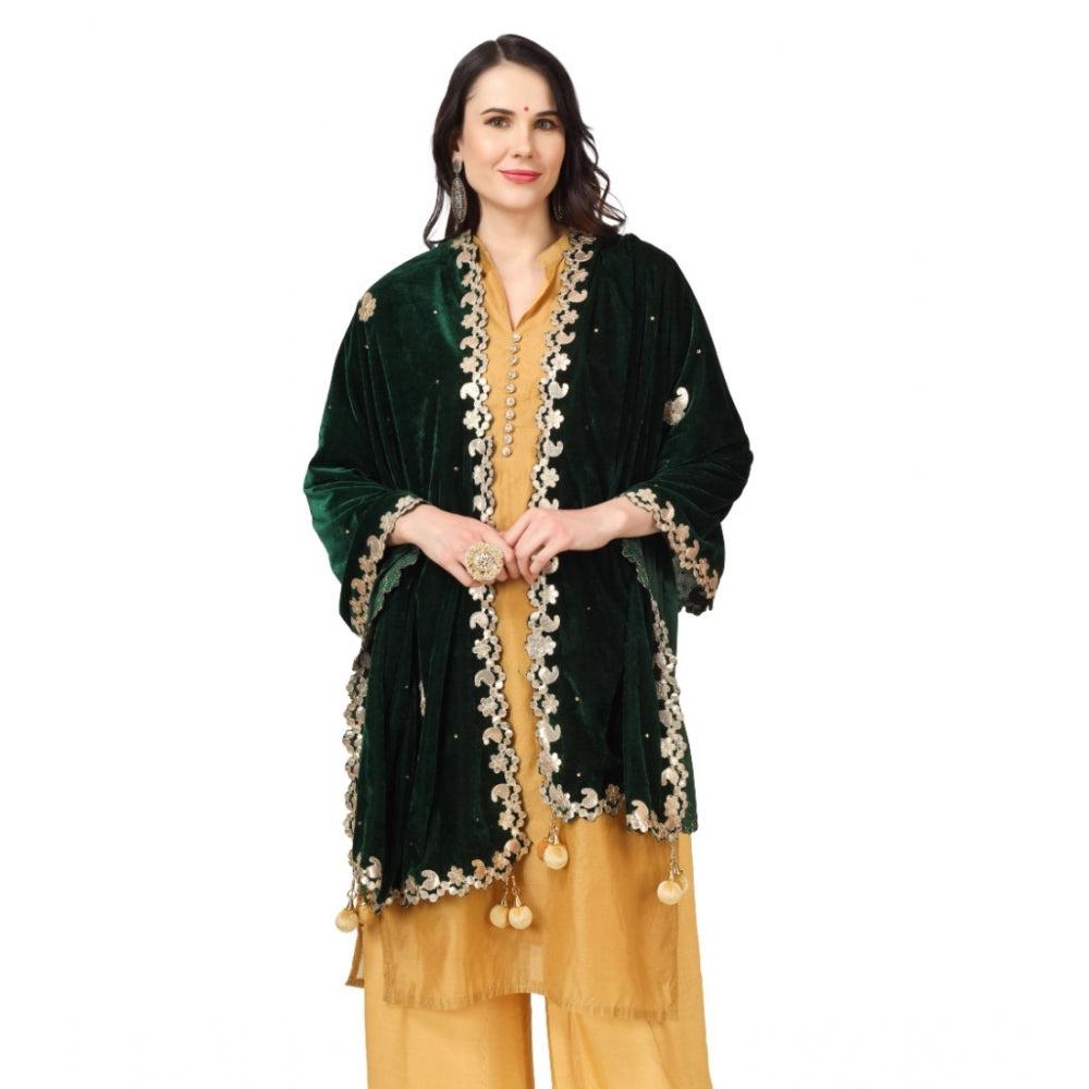 Generic Women's Velvet Gotta Patti Dupatta (Green, Length: 2.25 to 2.50 Mtr)