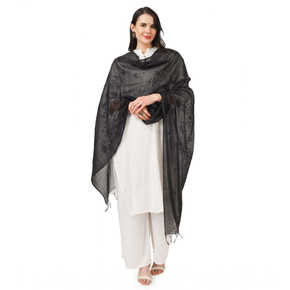 Generic Women's Cotton Embroidered Dupatta (Black, Length: 2.25 to 2.50 Mtr)