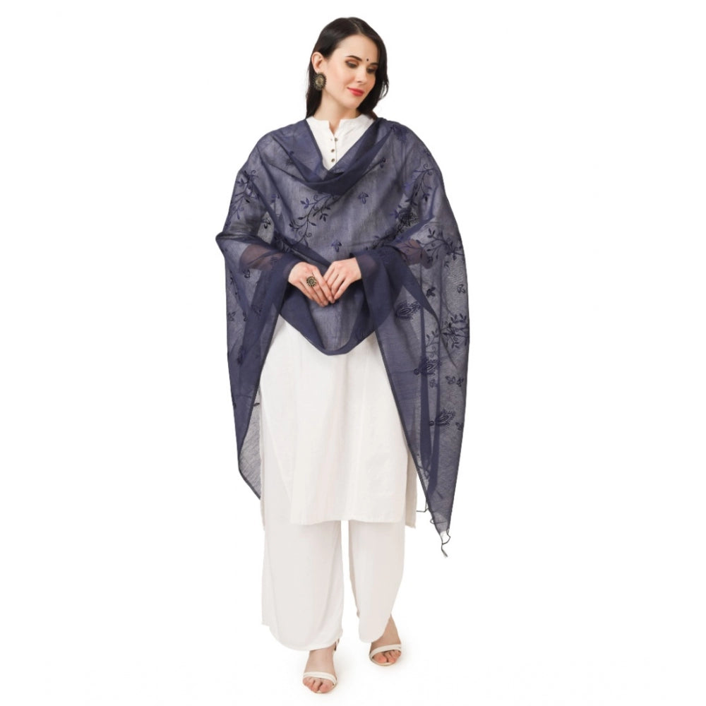 Generic Women's Cotton Embroidered Dupatta (Dark Blue, Length: 2.25 to 2.50 Mtr)