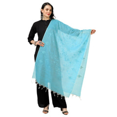 Generic Women's Cotton Embroidered Dupatta (Aqua Blue, Length: 2.25 to 2.50 Mtr)