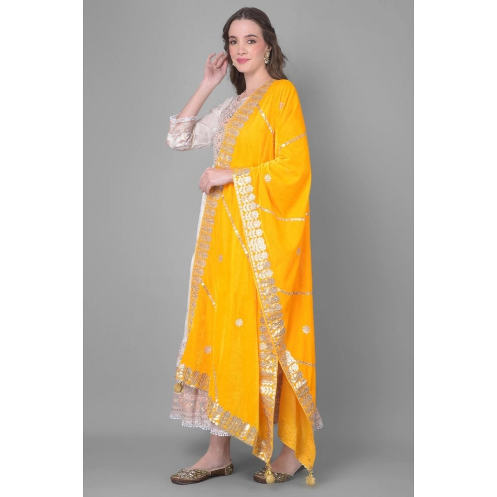 Generic Women's Velvet Gotta Patti Dupatta (Yellow, Length: 2.25 to 2.50 Mtr)