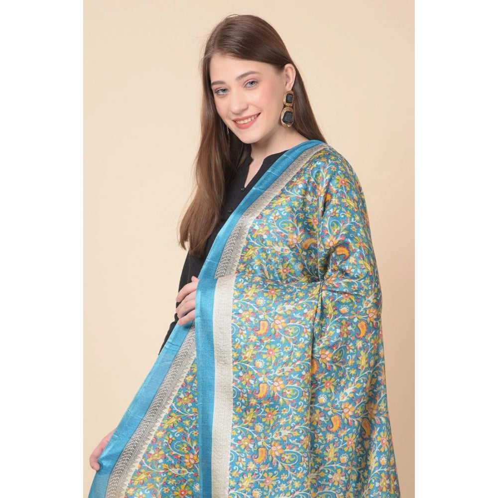 Generic Women's Art Silk Printed Dupatta (Turquoise, Length: 2.25 to 2.50 Mtr)