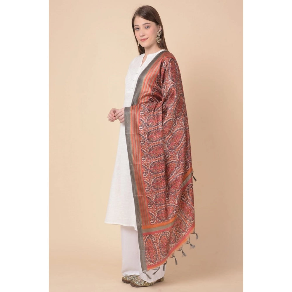 Generic Women's Art Silk Printed Dupatta (Orange, Length: 2.25 to 2.50 Mtr)