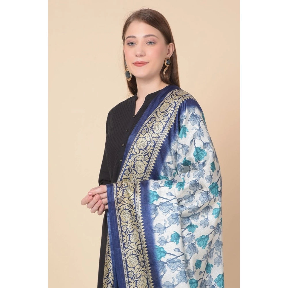 Generic Women's Art Silk Printed Dupatta (Blue, Length: 2.25 to 2.50 Mtr)