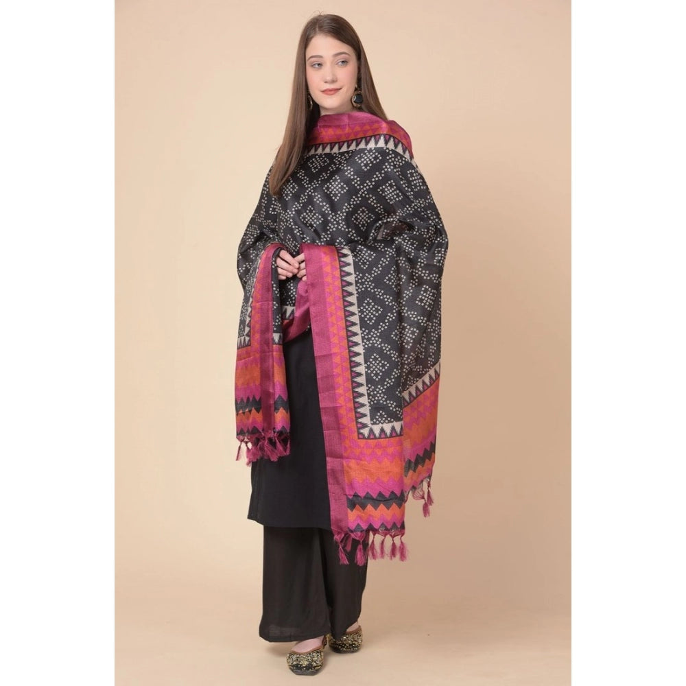 Generic Women's Art Silk Printed Dupatta (Black, Length: 2.25 to 2.50 Mtr)