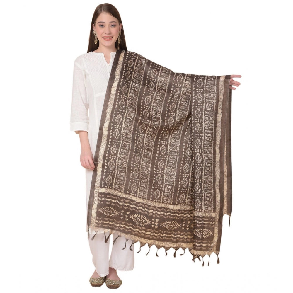 Generic Women's Art Silk Printed Dupatta (Brown, Length: 2.25 to 2.50 Mtr)