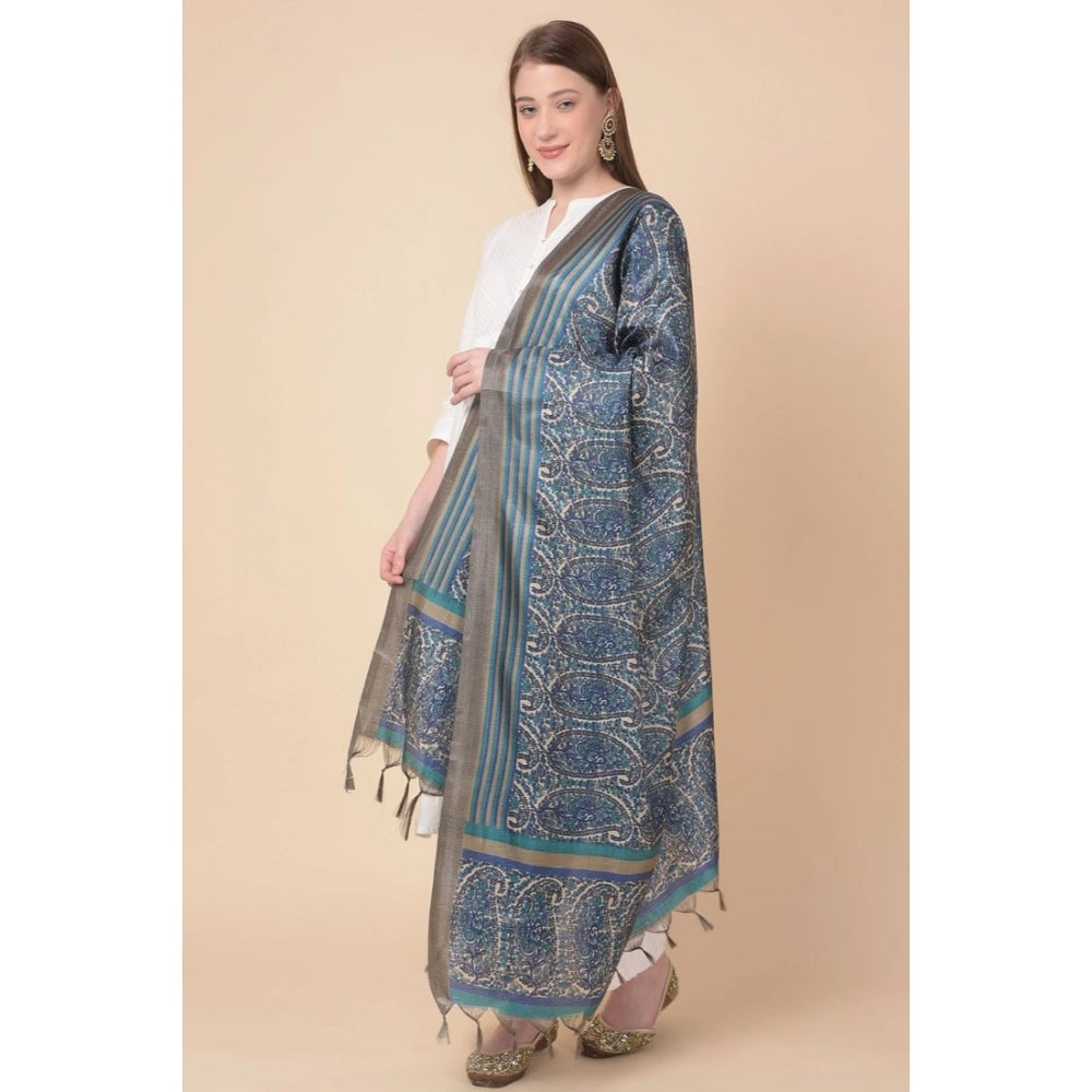 Generic Women's Art Silk Printed Dupatta (Blue, Length: 2.25 to 2.50 Mtr)