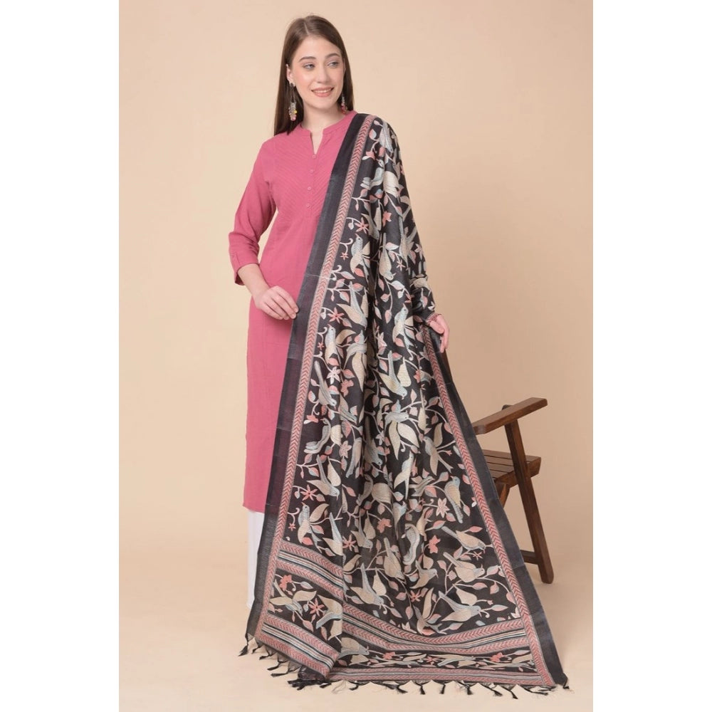 Generic Women's Art Silk Printed Dupatta (Black, Length: 2.25 to 2.50 Mtr)