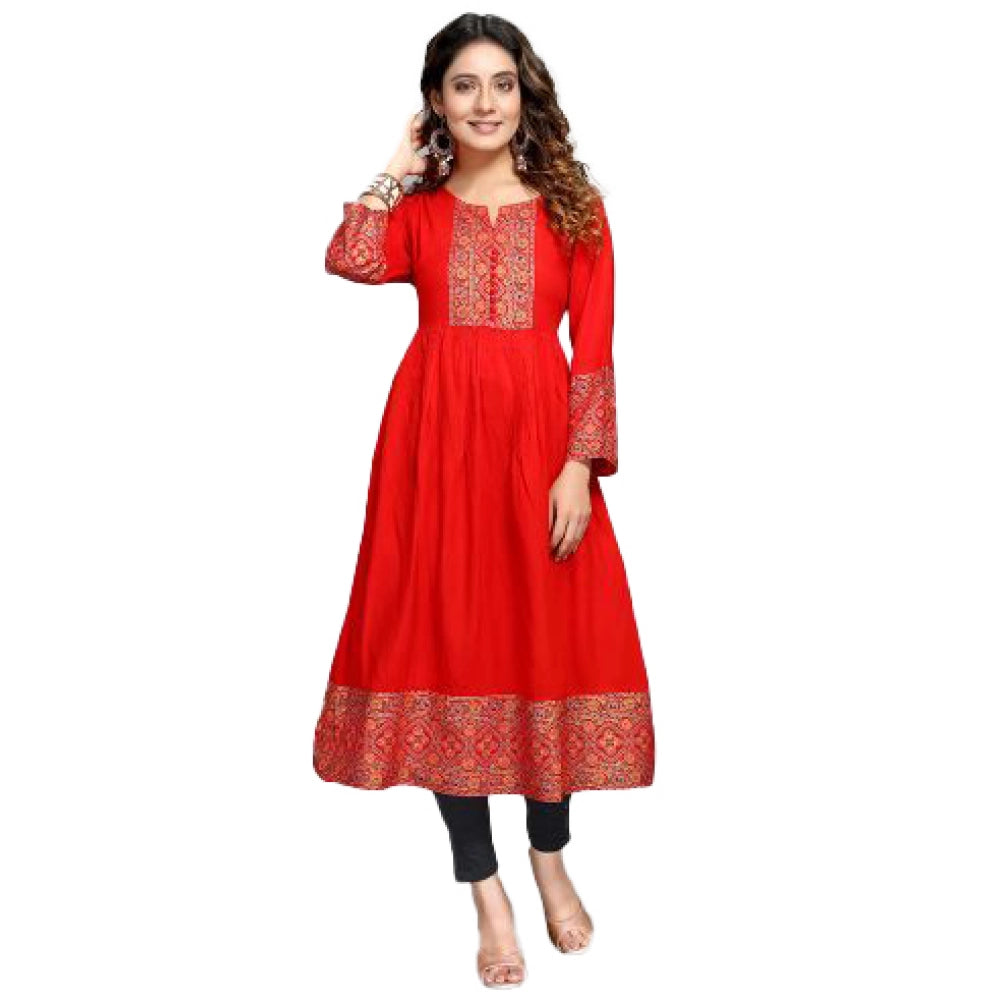 Generic Women's Casual 3/4 Sleeve Viscose Rayon Foil Printed Kurti (Red)