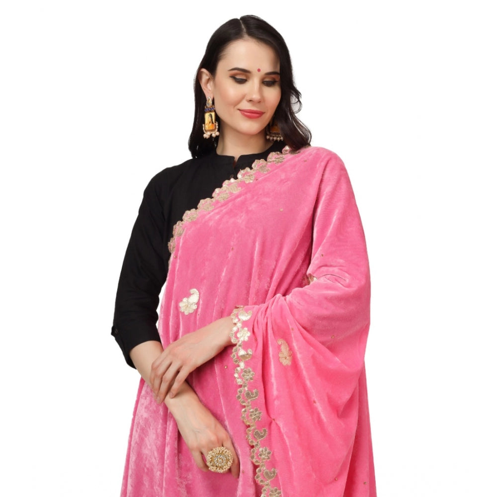 Generic Women's Velvet Gotta Patti Dupatta (Pink, Length: 2.25 to 2.50 Mtr)