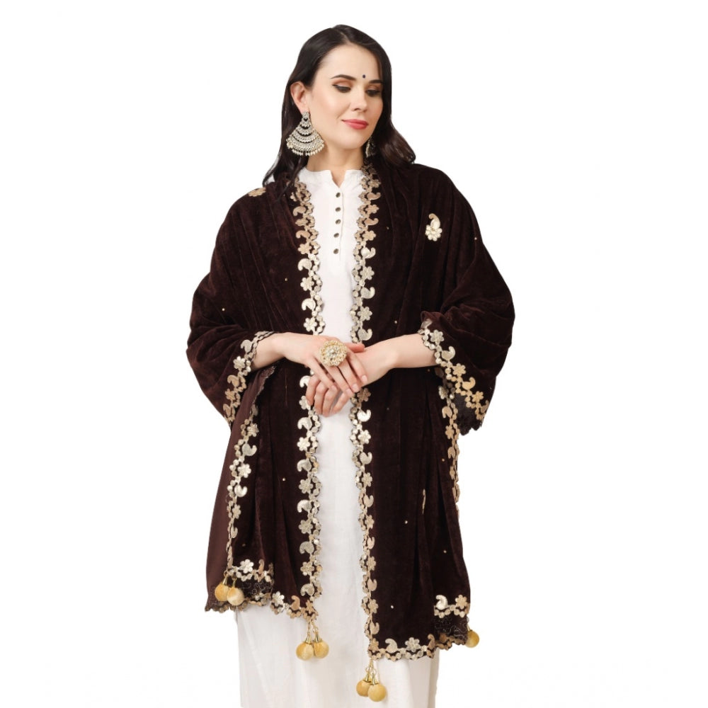 Generic Women's Velvet Gotta Patti Dupatta (Brown, Length: 2.25 to 2.50 Mtr)