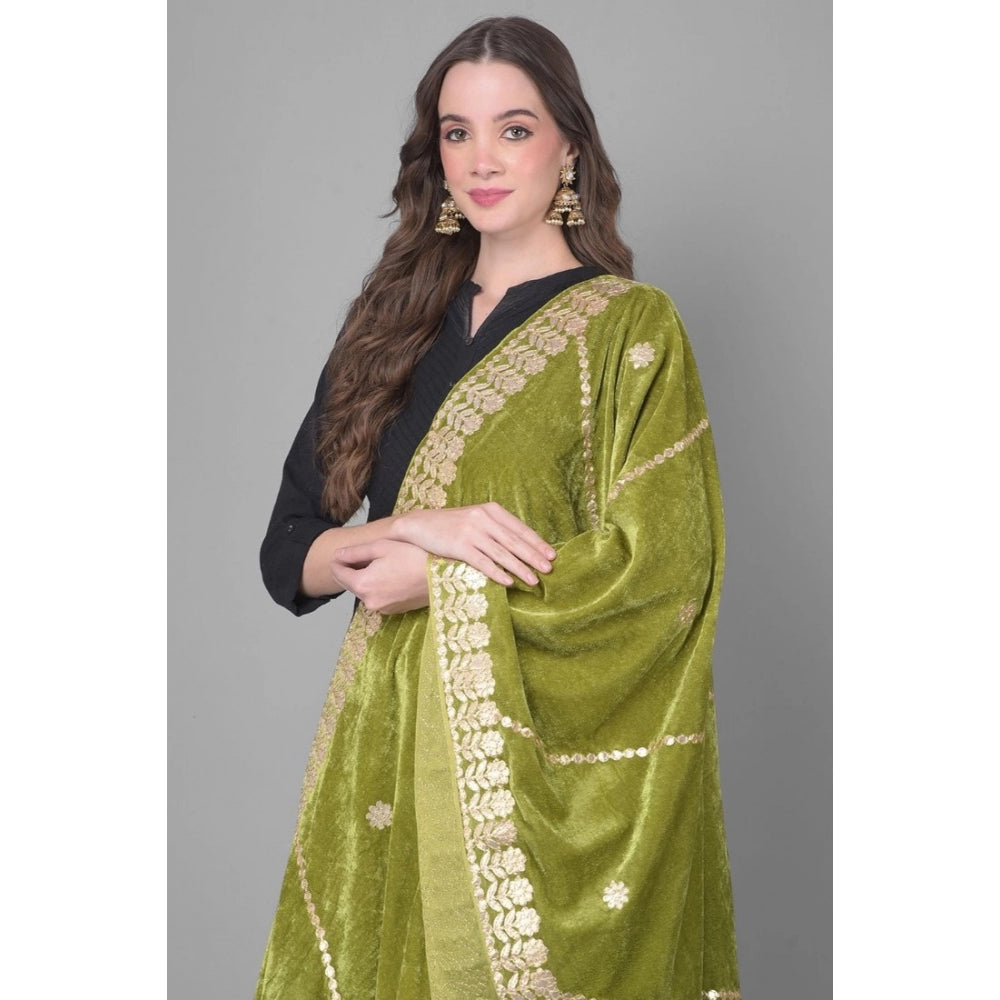 Generic Women's Velvet Gotta Patti Dupatta (Olive, Length: 2.25 to 2.50 Mtr)