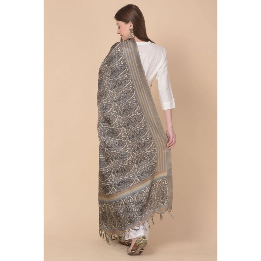 Generic Women's Art Silk Printed Dupatta (Grey, Length: 2.25 to 2.50 Mtr)