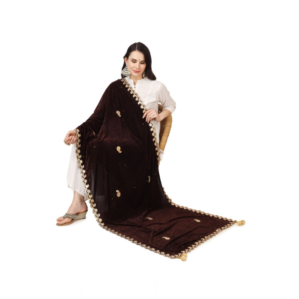 Generic Women's Velvet Gotta Patti Dupatta (Brown, Length: 2.25 to 2.50 Mtr)