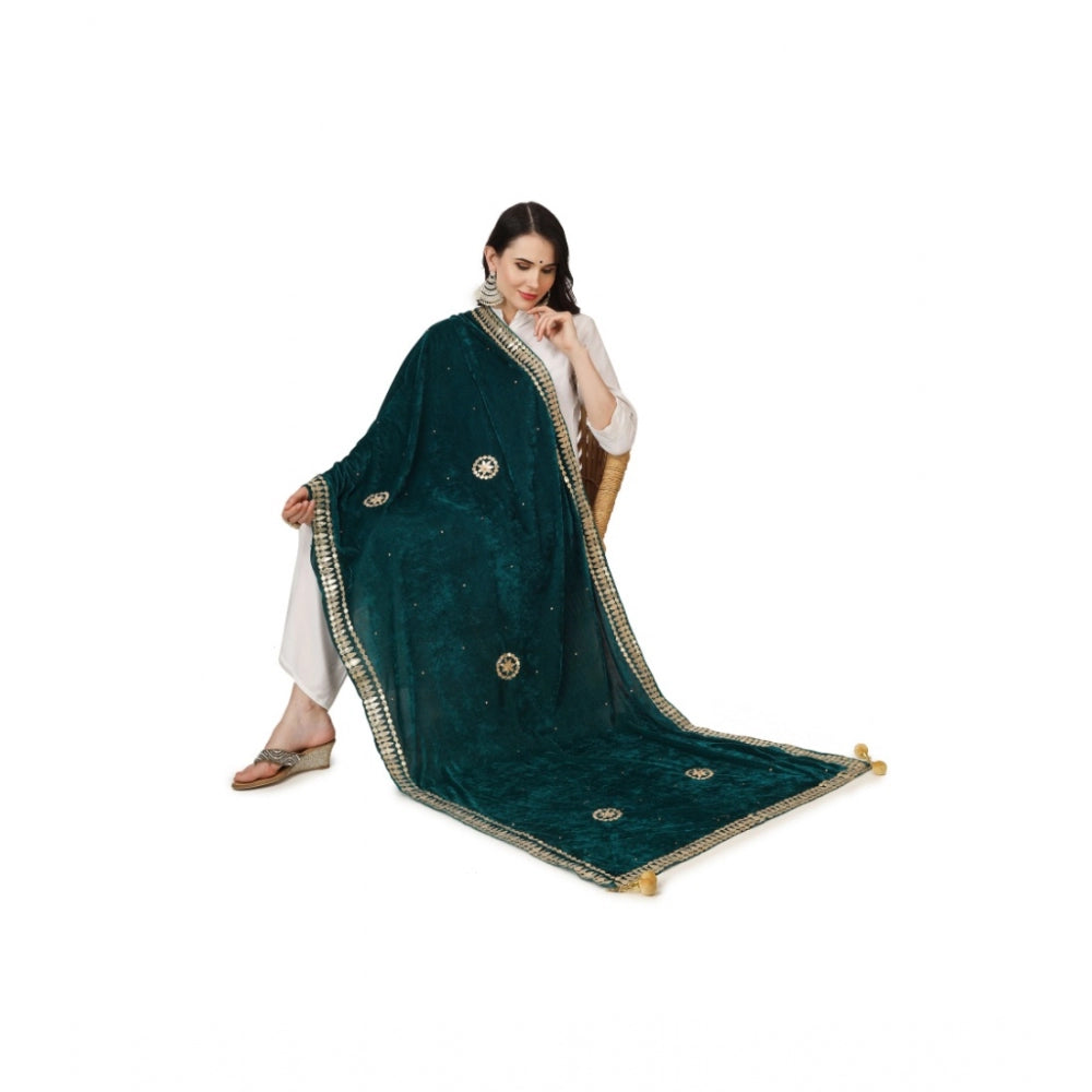 Generic Women's Velvet Gotta Patti Dupatta (Dark Green, Length: 2.25 to 2.50 Mtr)