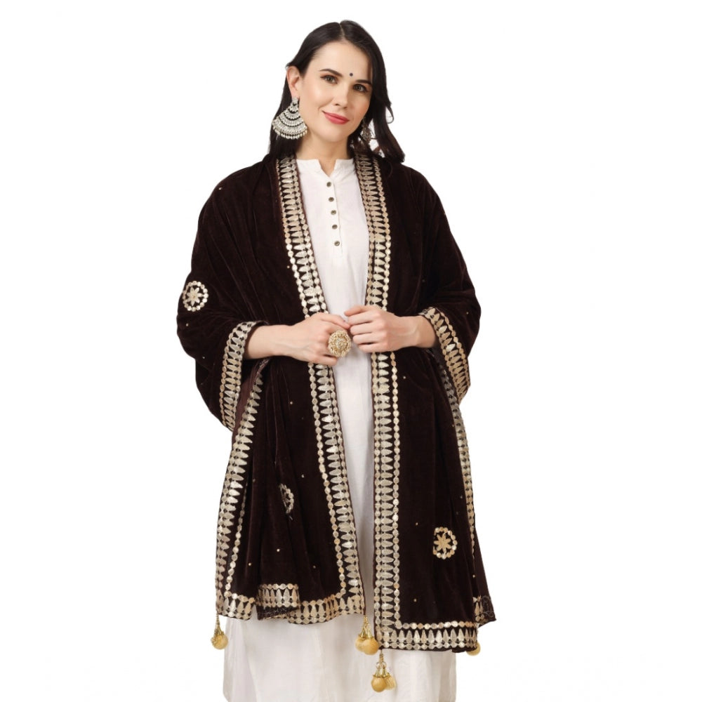 Generic Women's Velvet Gotta Patti Dupatta (Brown, Length: 2.25 to 2.50 Mtr)