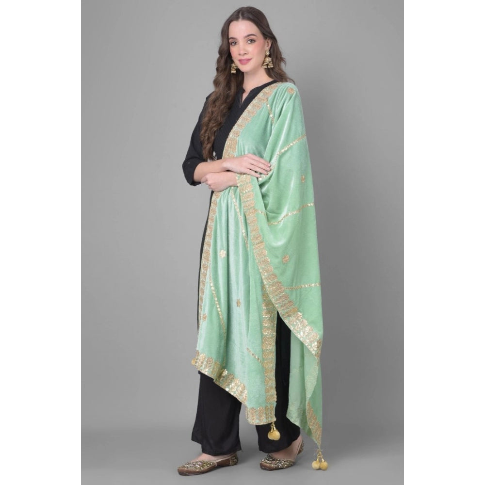 Generic Women's Velvet Gotta Patti Dupatta (Sea Green, Length: 2.25 to 2.50 Mtr)