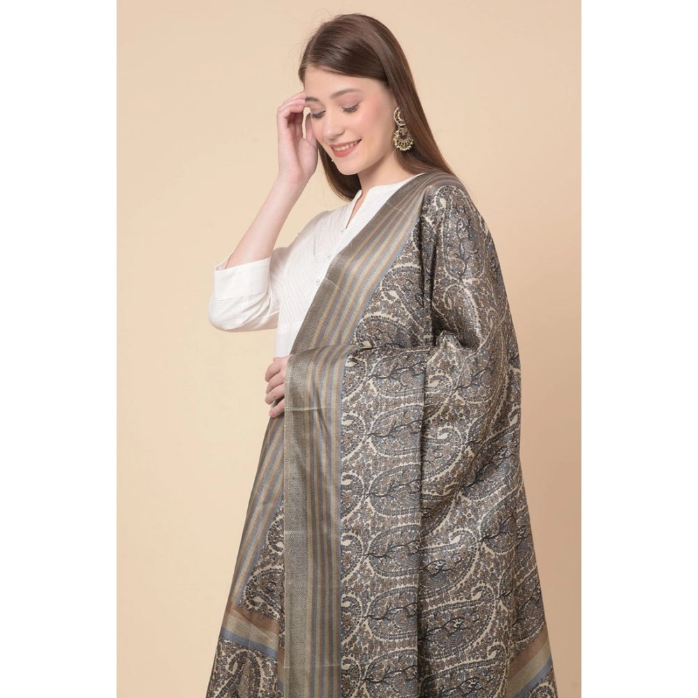 Generic Women's Art Silk Printed Dupatta (Grey, Length: 2.25 to 2.50 Mtr)