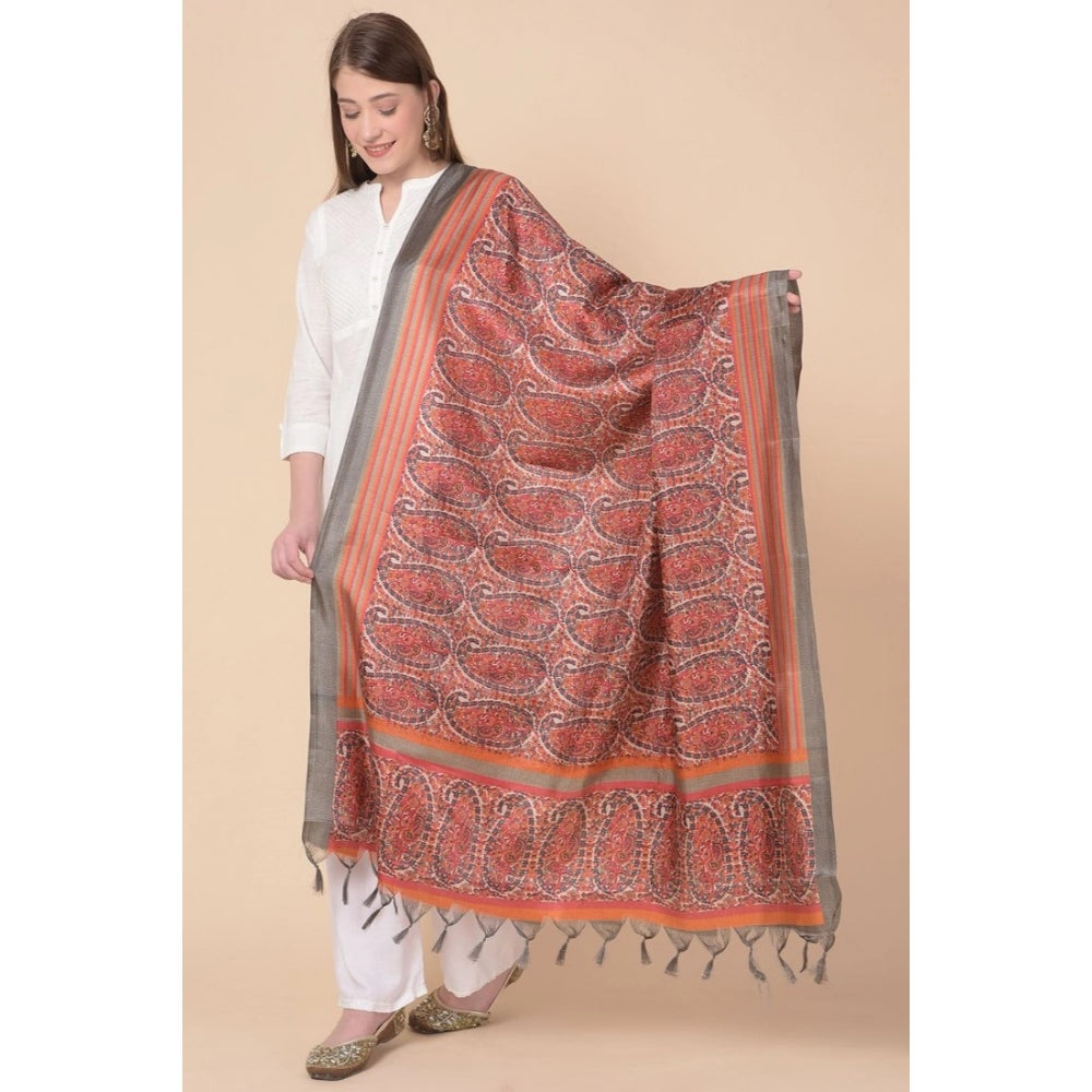 Generic Women's Art Silk Printed Dupatta (Orange, Length: 2.25 to 2.50 Mtr)