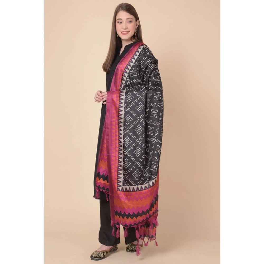 Generic Women's Art Silk Printed Dupatta (Black, Length: 2.25 to 2.50 Mtr)