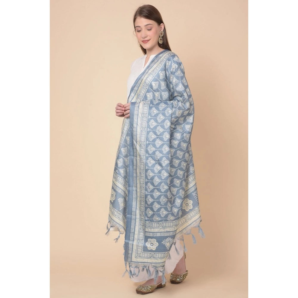 Generic Women's Art Silk Printed Dupatta (Grey, Length: 2.25 to 2.50 Mtr)