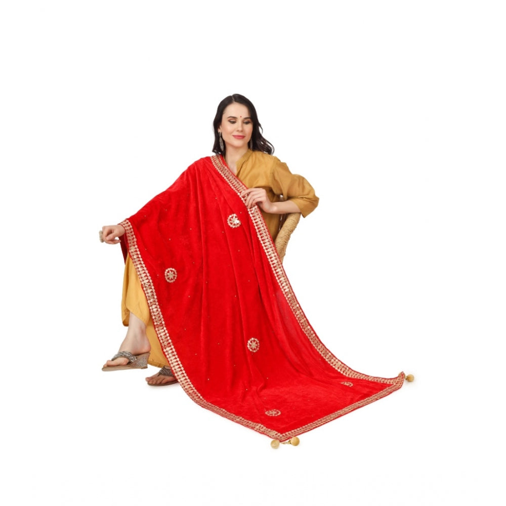 Generic Women's Velvet Gotta Patti Dupatta (Red, Length: 2.25 to 2.50 Mtr)