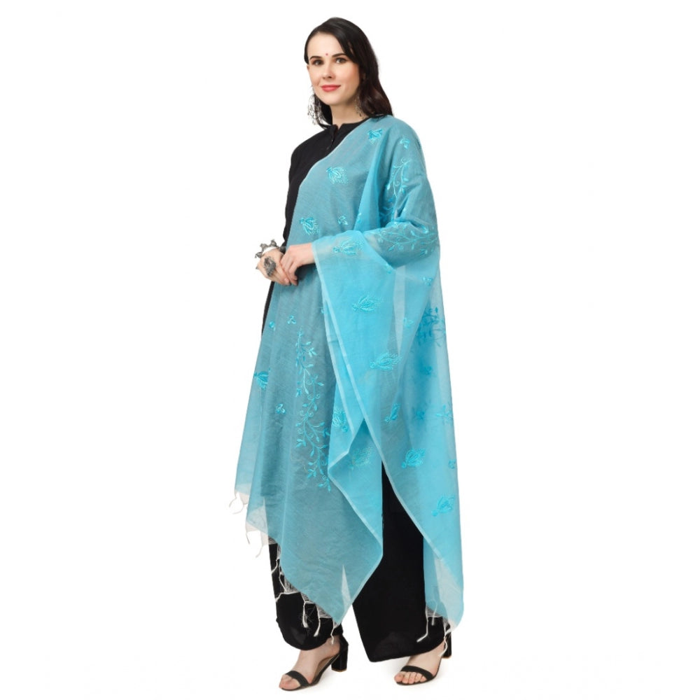 Generic Women's Cotton Embroidered Dupatta (Aqua Blue, Length: 2.25 to 2.50 Mtr)