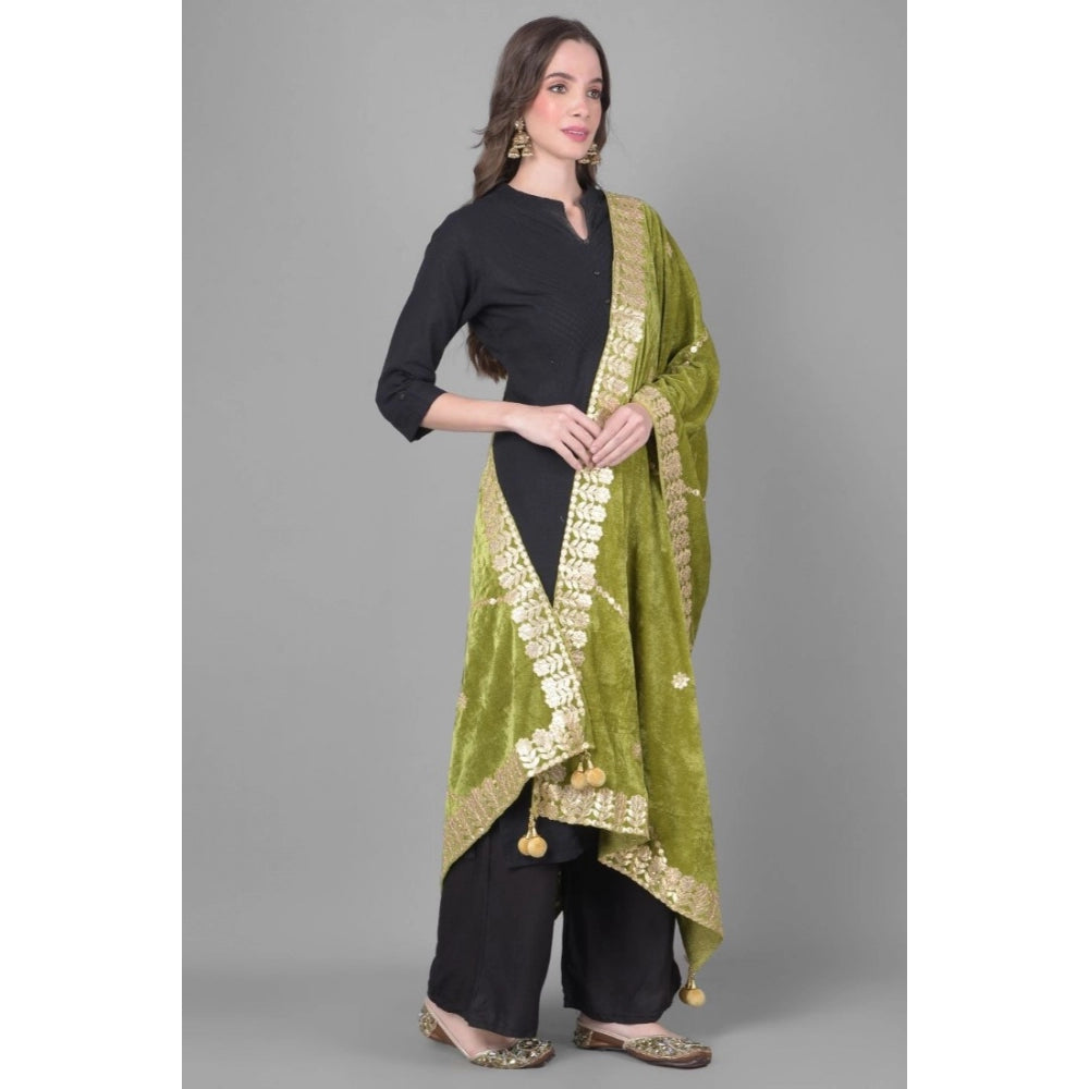 Generic Women's Velvet Gotta Patti Dupatta (Olive, Length: 2.25 to 2.50 Mtr)