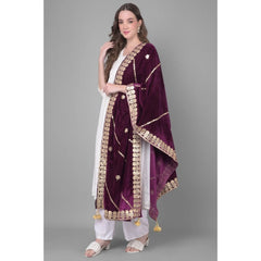 Generic Women's Velvet Gotta Patti Dupatta (Wine, Length: 2.25 to 2.50 Mtr)