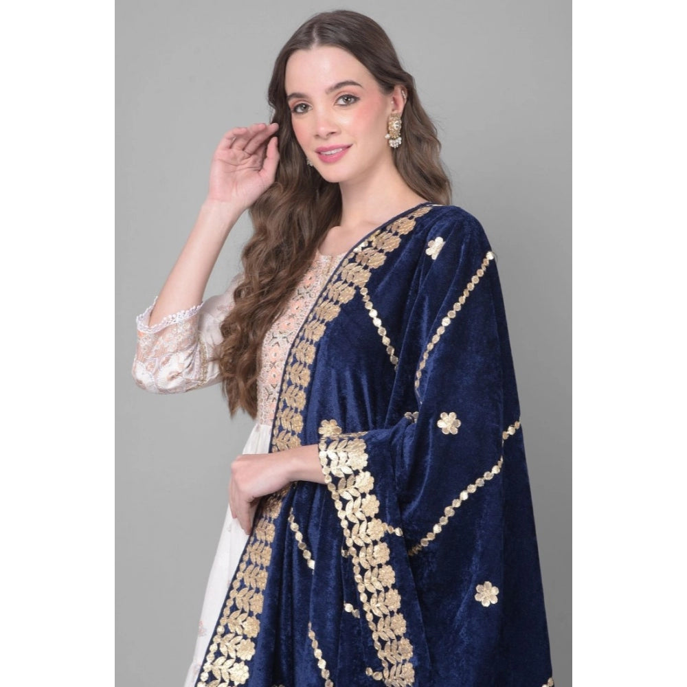 Generic Women's Velvet Gotta Patti Dupatta (Navy, Length: 2.25 to 2.50 Mtr)