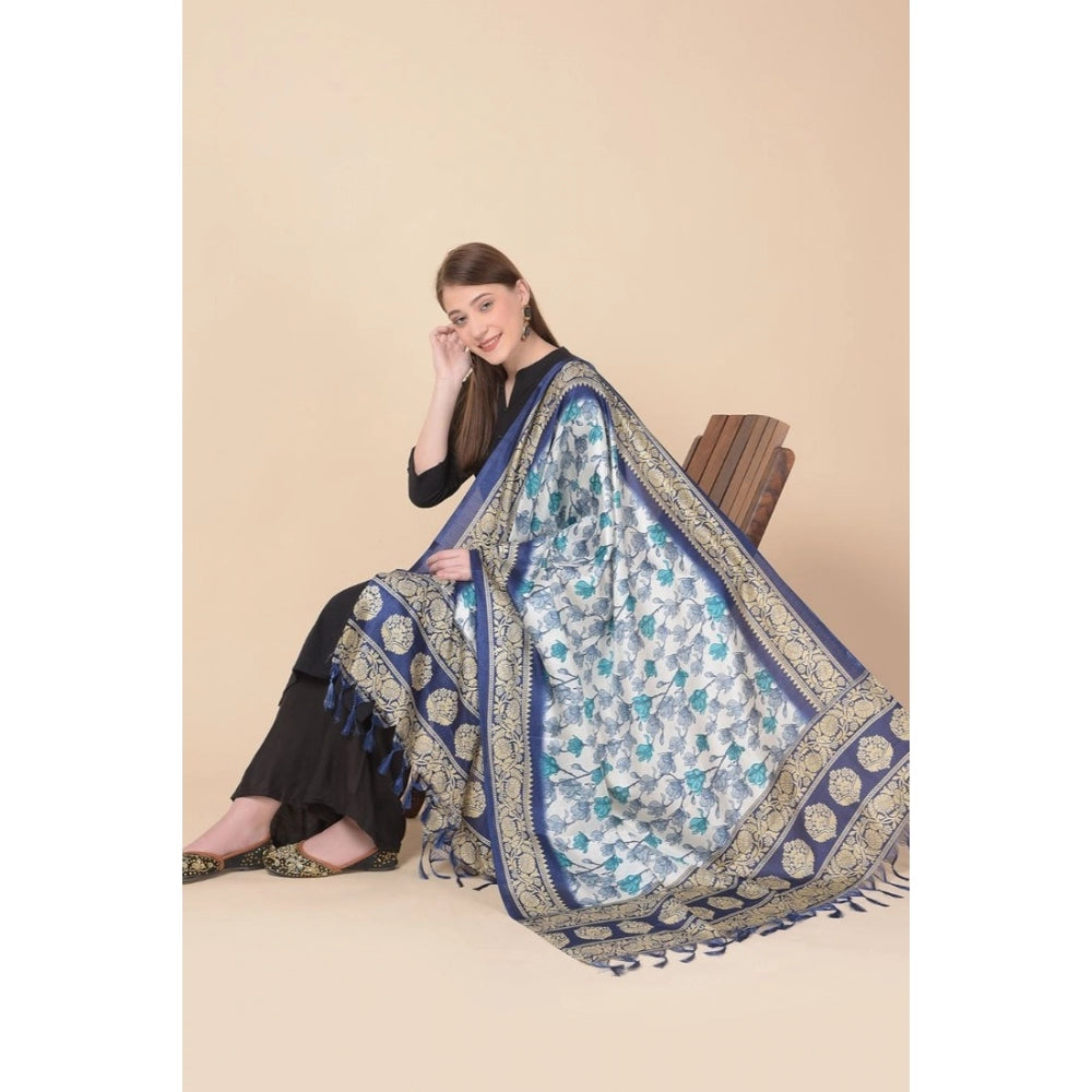 Generic Women's Art Silk Printed Dupatta (Blue, Length: 2.25 to 2.50 Mtr)