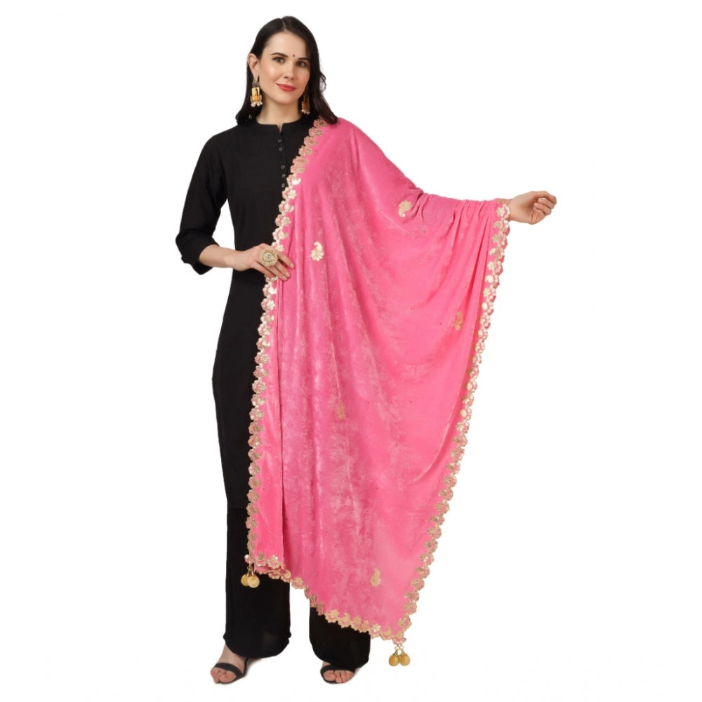 Generic Women's Velvet Gotta Patti Dupatta (Pink, Length: 2.25 to 2.50 Mtr)