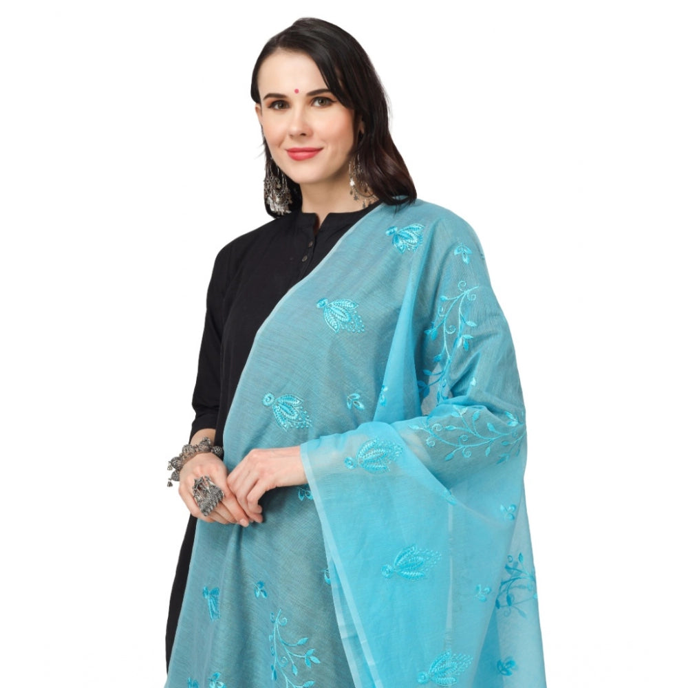 Generic Women's Cotton Embroidered Dupatta (Aqua Blue, Length: 2.25 to 2.50 Mtr)