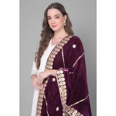 Generic Women's Velvet Gotta Patti Dupatta (Wine, Length: 2.25 to 2.50 Mtr)