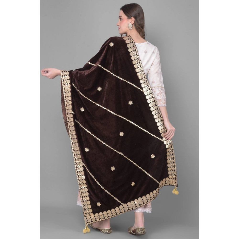 Generic Women's Velvet Gotta Patti Dupatta (Brown, Length: 2.25 to 2.50 Mtr)