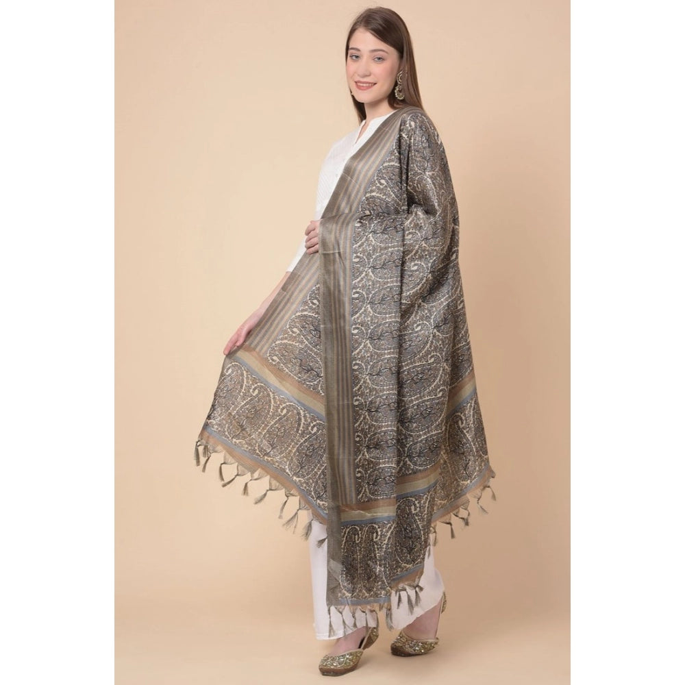 Generic Women's Art Silk Printed Dupatta (Grey, Length: 2.25 to 2.50 Mtr)