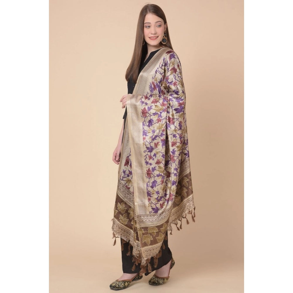 Generic Women's Art Silk Printed Dupatta (Gold, Length: 2.25 to 2.50 Mtr)