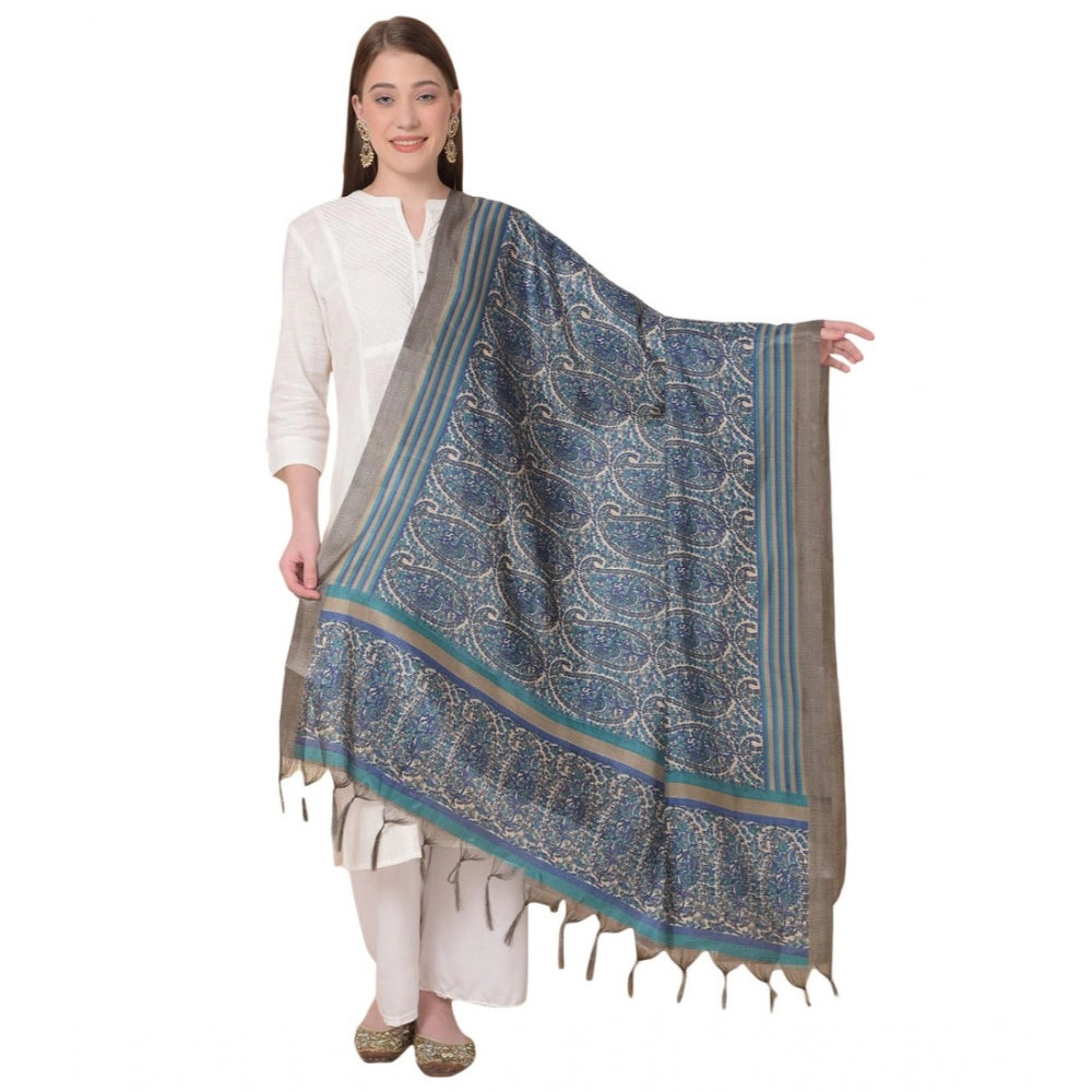 Generic Women's Art Silk Printed Dupatta (Blue, Length: 2.25 to 2.50 Mtr)